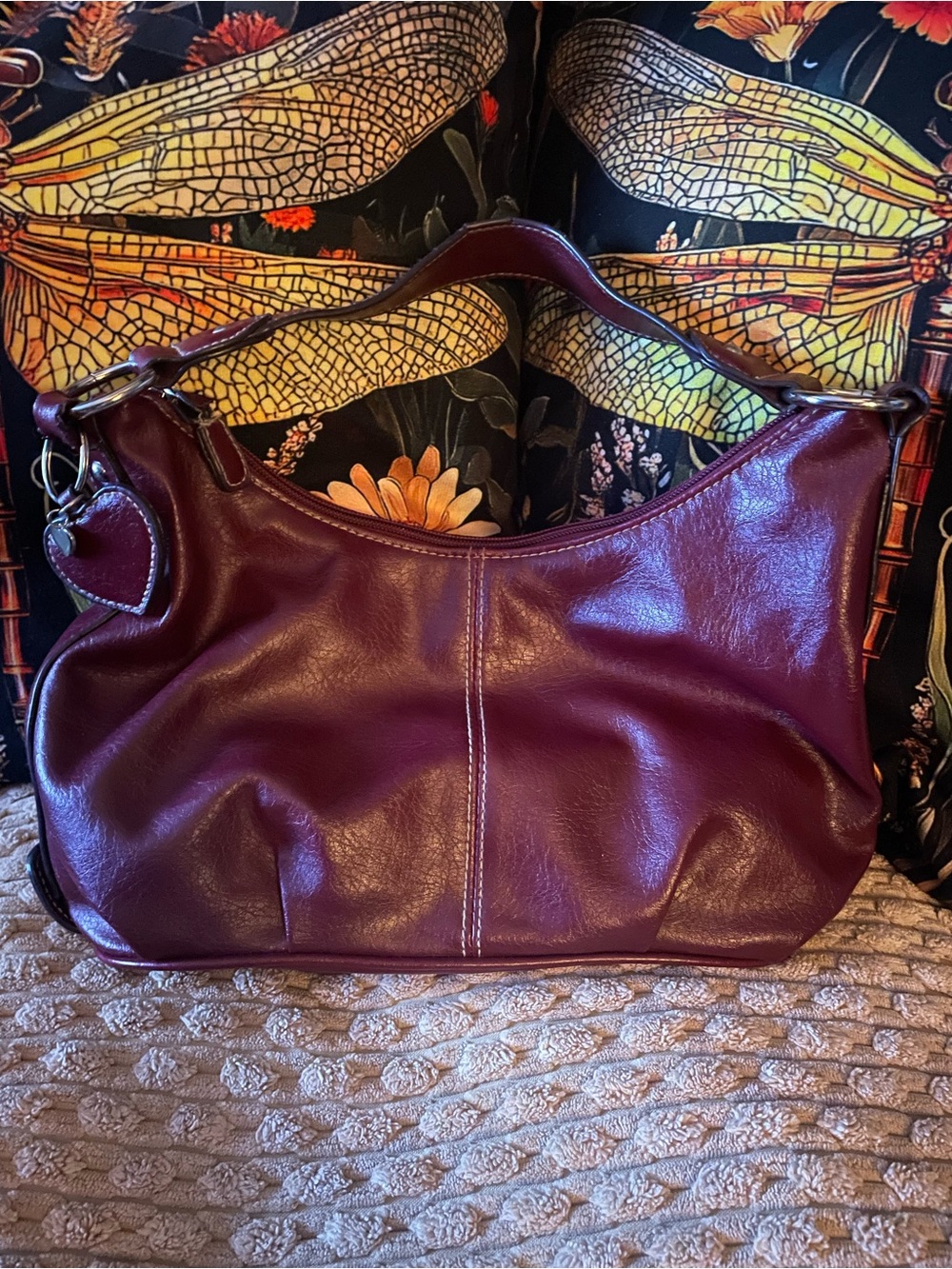 Vintage Y2K Relativity Brand Maroon Faux Leather Mini Hobo Bag with Heart Charm